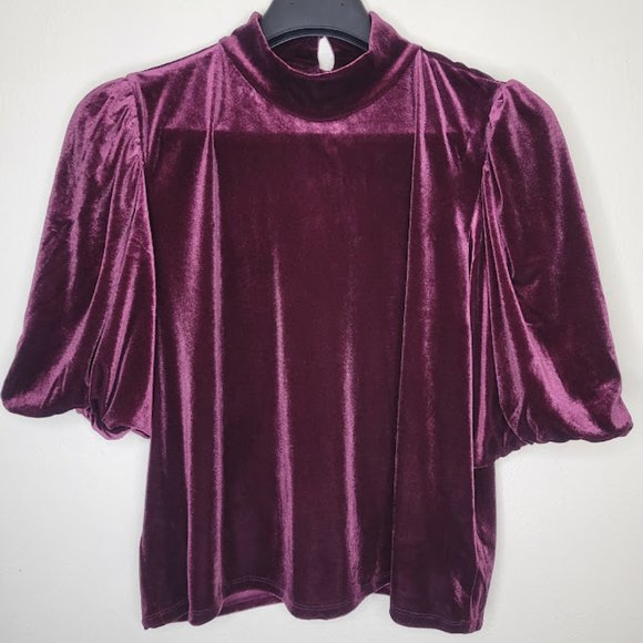 Laundry by Shelli Segal Velour Mock Neck Balloon Sleeve Burgundy Blouse - Picture 2 of 10